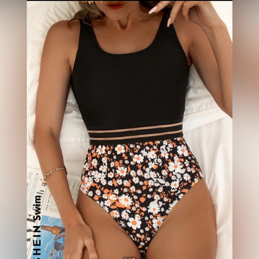 Shein Womens Black Floral One Piece Swim Suit Size L Beach Vacation